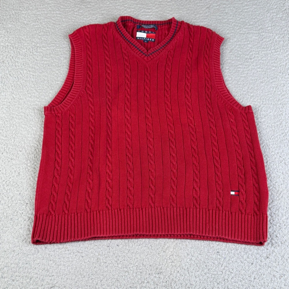 Tommy Hilfiger Sweater Vest Mens L Red Cable Knit V-Neck Cotton Preppy Logo